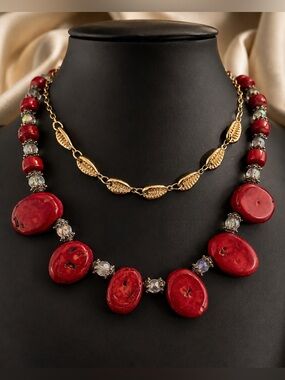 🪸 Red Coral Statement Necklace Aurora Borealis Glass AB Beads Boho Vintage